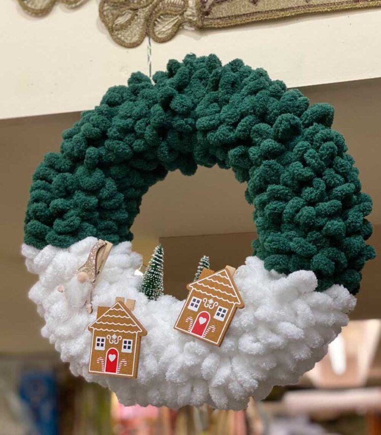 Στεφανάκι Puffy Χριστουγεννιάτικο διακοσμητικό Πράσινο λευκό 30εκ - Α88